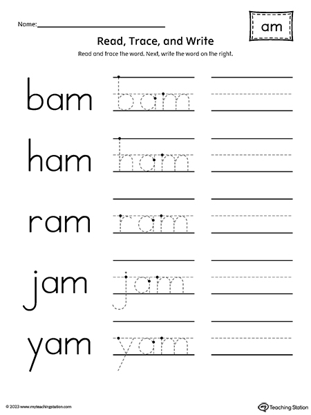 AM Word Family - Read, Trace, and Spell Worksheet