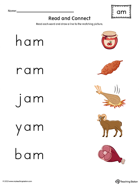AM Word Family Read and Connect to Image Printable PDF