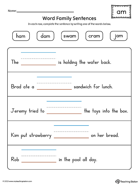 AM Word Family Sentences Printable PDF