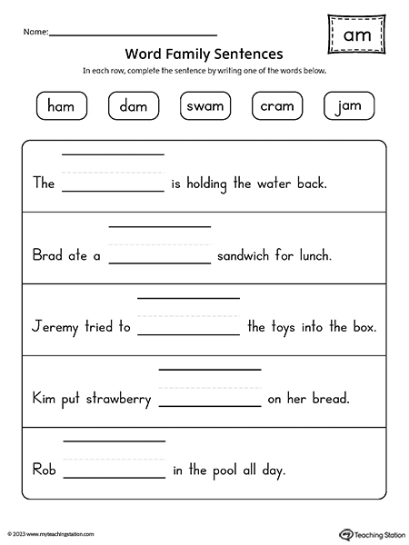 AM Word Family Sentences Worksheet