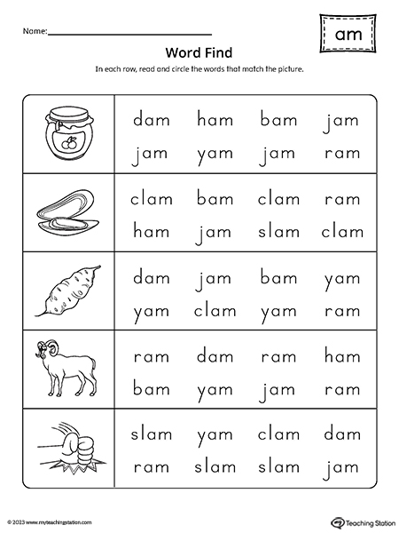 AM Word Family Word Find Worksheet