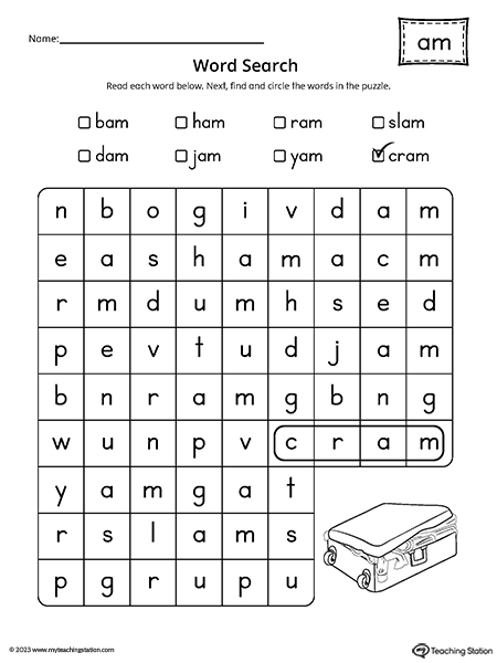 AM Word Family Word Search Worksheet