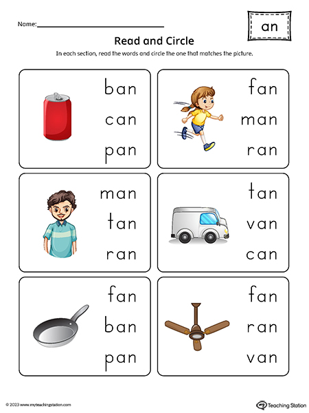 AN Word Family Match Picture to Words Printable PDF