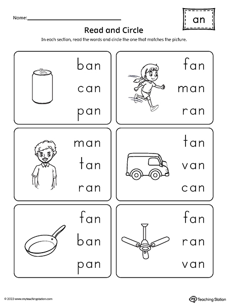 AN Word Family Match Picture to Words Worksheet