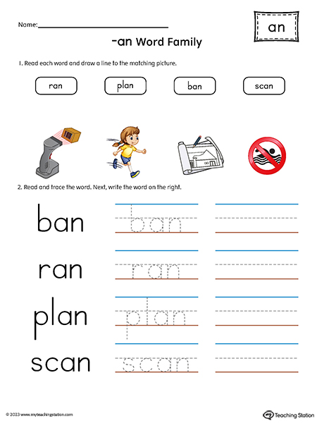 AN Word Family Match Pictures and Write Simple Words Printable PDF