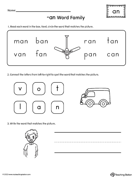 AN Word Family Match and Spell Worksheet