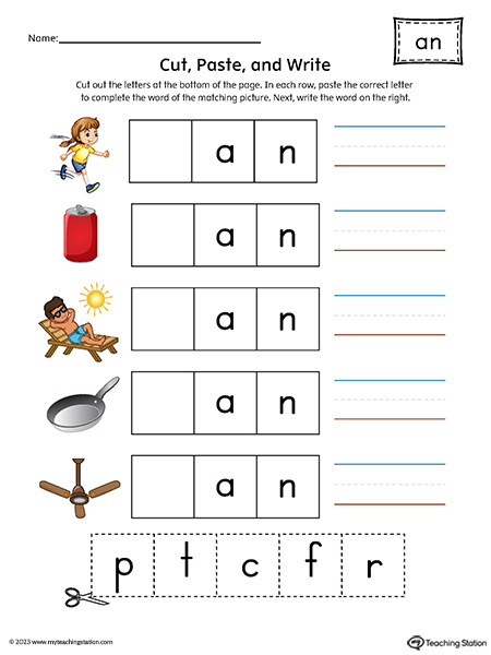 AN Word Family Picture Match Cut-and-Paste Printable PDF
