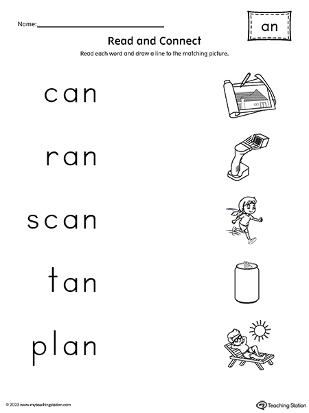 AN Word Family Read and Match Words to Pictures Worksheet