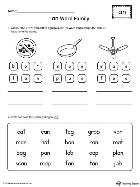 AN Word Family Read and Spell Simple Words Worksheet
