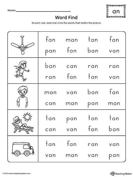 AN Word Family Word Find Worksheet