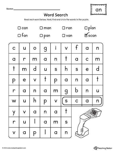 AN Word Family Word Search Worksheet