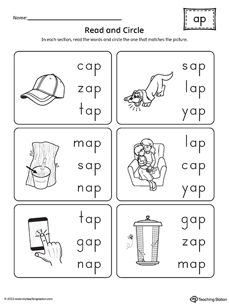 AP Word Family CVC Match Picture to Words Worksheet