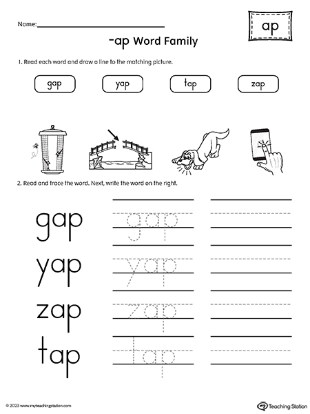 AP Word Family Match Pictures and Write CVC Words Worksheet