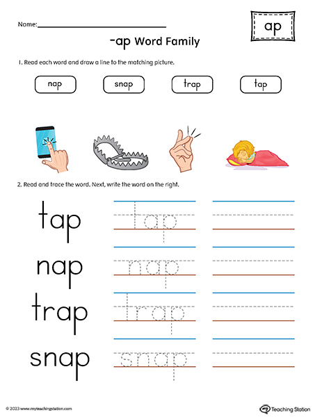 AP Word Family Match Pictures and Write Simple Words Printable PDF