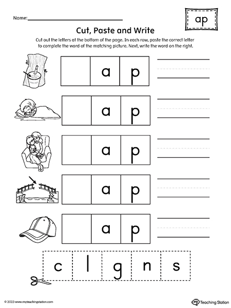 FREE* AP Word Family Picture Match Cut-and-Paste Worksheet |  MyTeachingStation.com