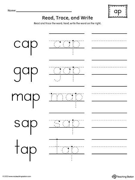AP Word Family - Read, Trace, and Spell CVC Words Worksheet