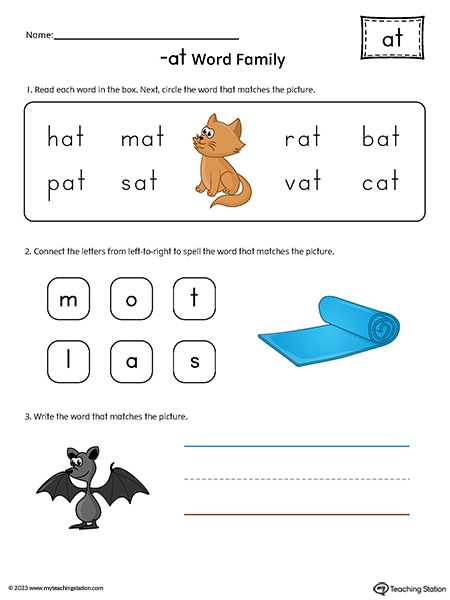 AT Word Family CVC Match and Spell Printable PDF
