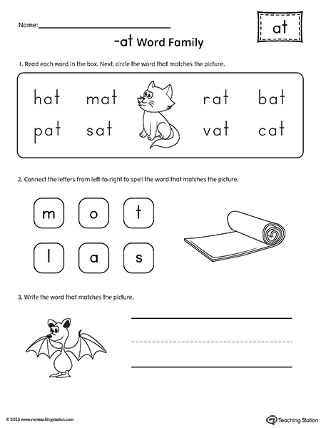 AT Word Family CVC Match and Spell Worksheet