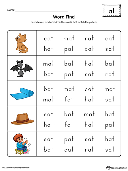 AT Word Family CVC Word Find Printable PDF | MyTeachingStation.com