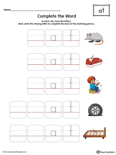 AT Word Family: Complete the Words Printable Activity