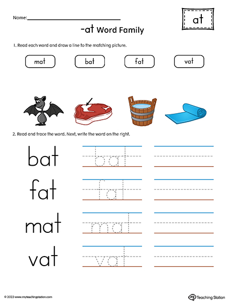 AT Word Family Match Pictures and Write CVC Words Printable PDF