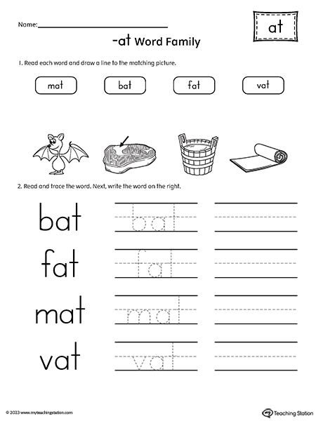 AT Word Family Match Pictures and Write CVC Words Worksheet