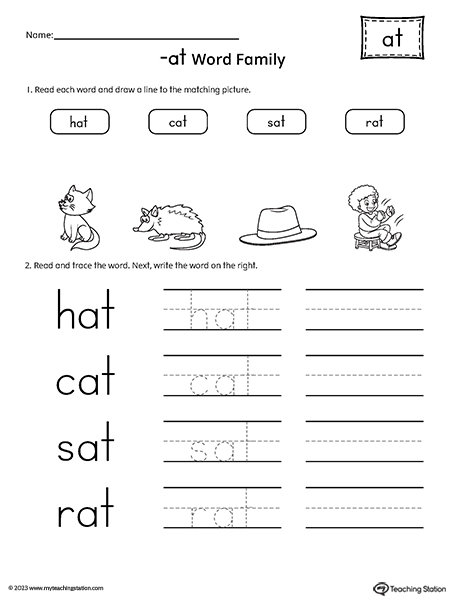 AT Word Family Match and Spell CVC Words Worksheet
