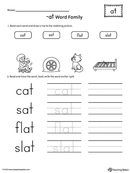 AT Word Family Match and Spell Words Worksheet