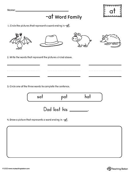 AT Word Family Picture and CVC Word Match Worksheet