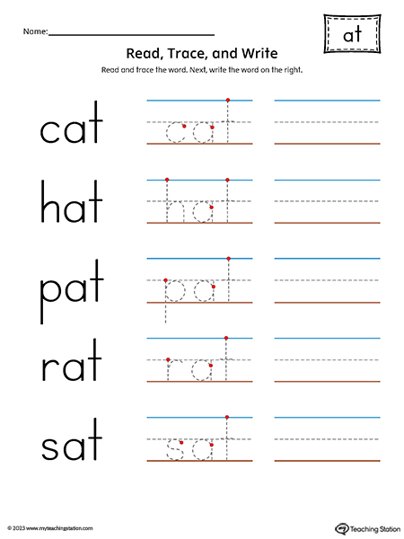 AT Word Family - Read, Trace, and Spell Printable PDF