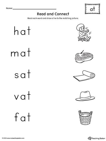 AT Word Family Read and Match CVC Words to Pictures Worksheet