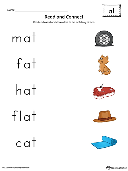 AT Word Family Read and Match Words to Pictures Printable PDF