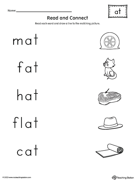 AT Word Family Read and Match Words to Pictures Worksheet