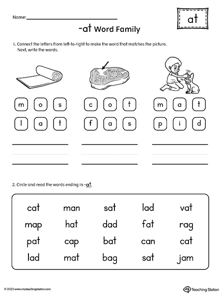 AT Word Family Read and Spell Simple Words Worksheet