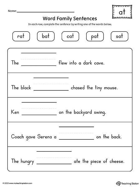 AT Word Family Sentences Worksheet