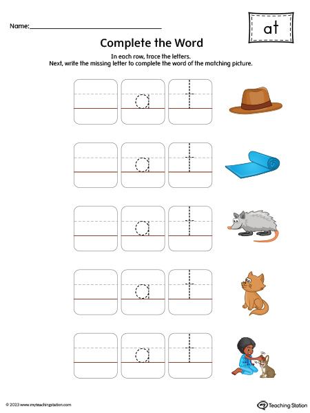 AT Word Family: Complete CVC Words Printable Activity