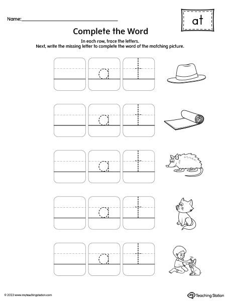 AT Word Family: Complete CVC Words Worksheet
