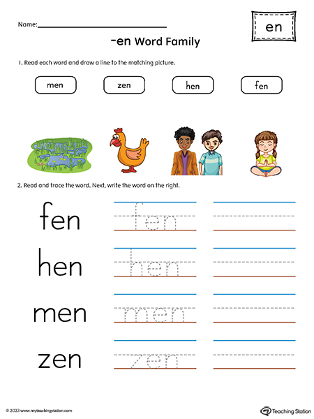 EN Word Family Match Pictures and Write CVC Words Printable PDF