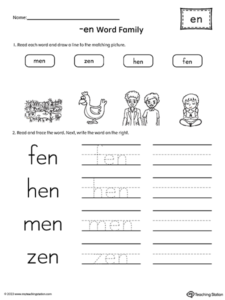 EN Word Family Match Pictures and Write CVC Words Worksheet