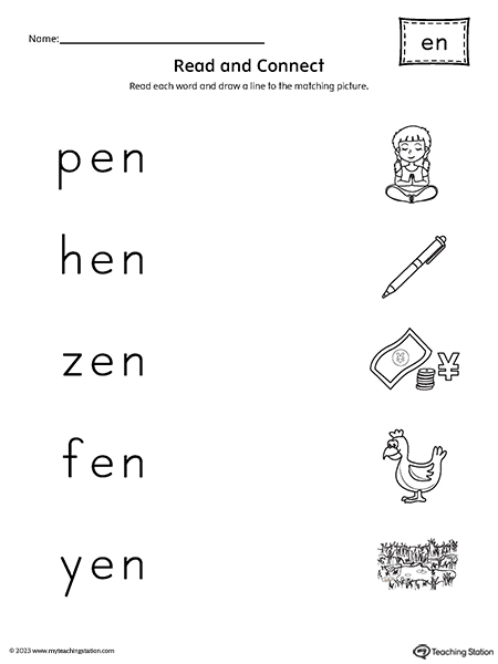 EN Word Family Read and Match CVC Words to Pictures Worksheet
