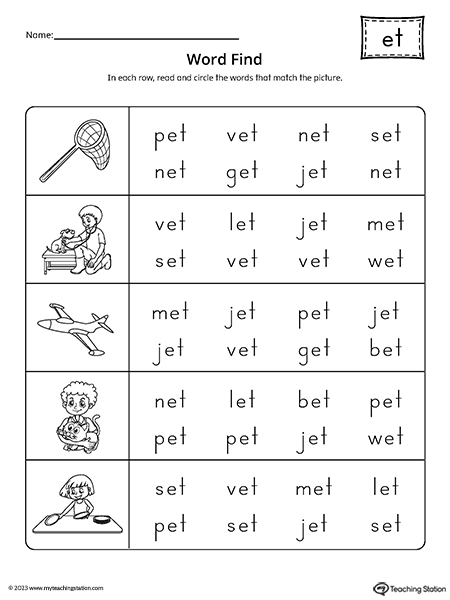 ET Word Family CVC Word Find Worksheet