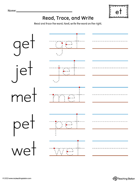 ET Word Family - Read, Trace, and Spell CVC Words Printable PDF