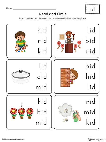 ID Word Family Match Picture to Words Printable PDF