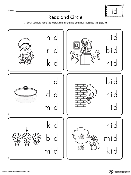 ID Word Family Match Picture to Words Worksheet