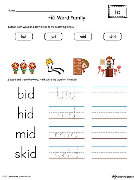 ID Word Family Match Pictures and Write Simple Words Printable PDF