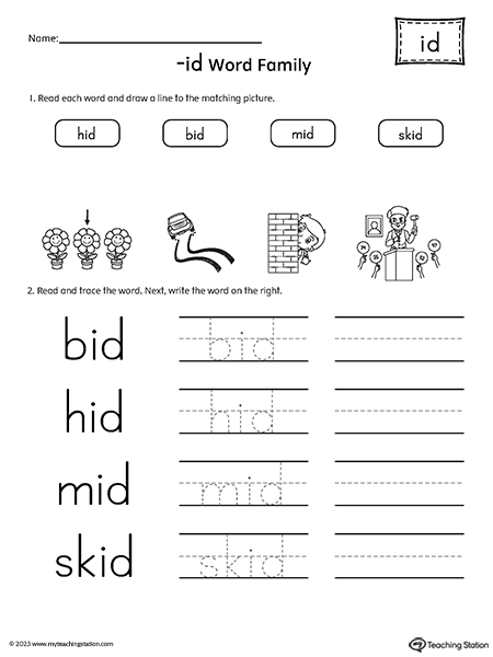 ID Word Family Match Pictures and Write Simple Words Worksheet