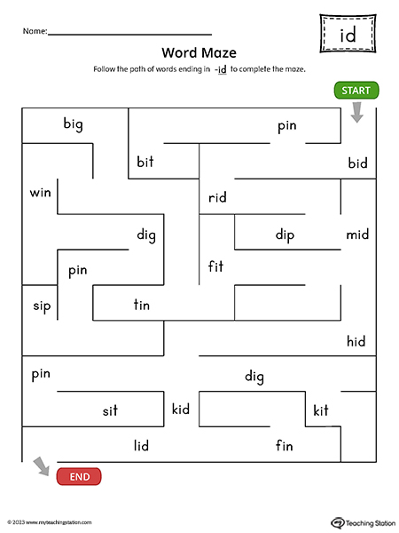 ID Word Family Word Maze Printable PDF