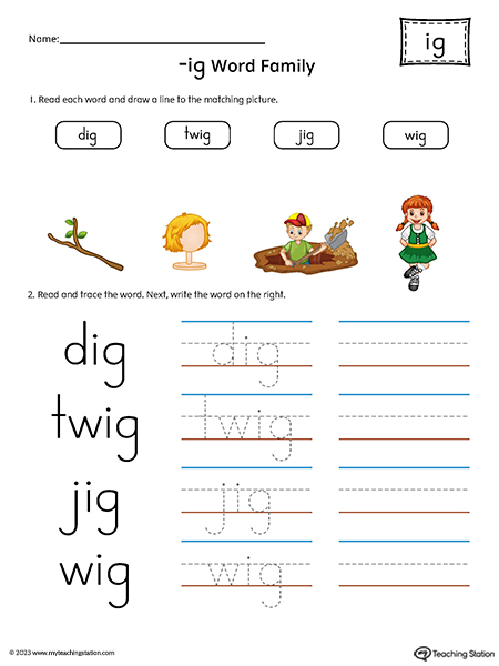 IG Word Family Match Pictures and Write Simple Words Printable PDF