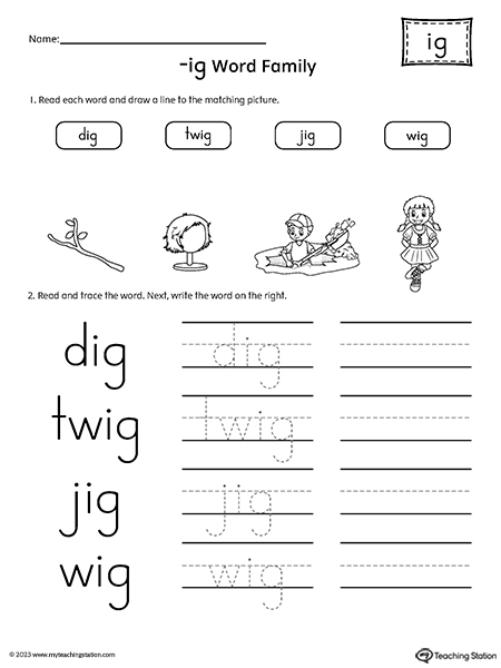 IG Word Family Match Pictures and Write Simple Words Worksheet