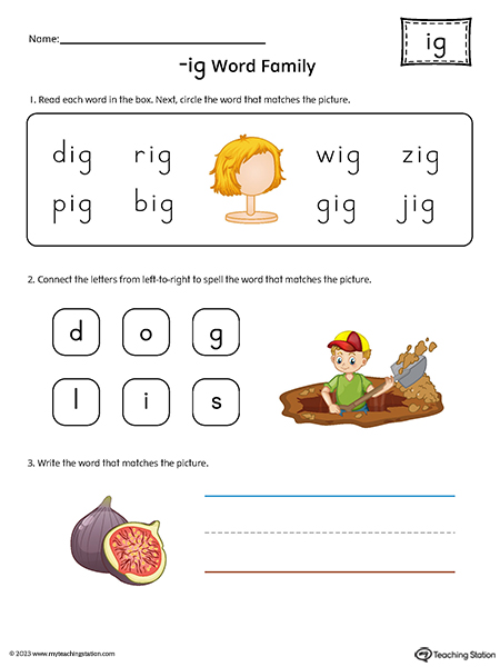 IG Word Family Match and Spell Printable PDF